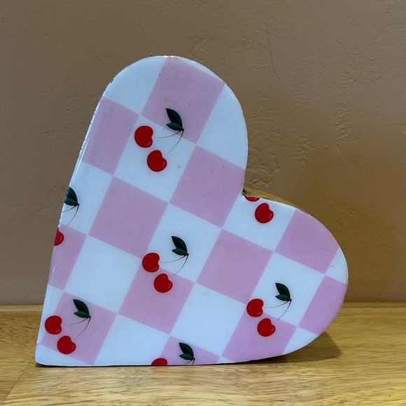 C&C CALIFORNIA Wood Heart Decor. Pink Checkerboard & Red Cherry Accents. NWTS - Picture 3 of 6